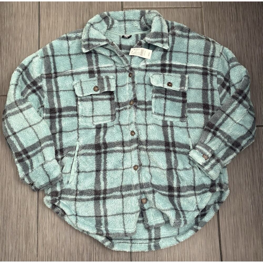 PacSun Womens Homecoming Button Down Sherpa Shirt Shacket Jacket M/L Green Plaid